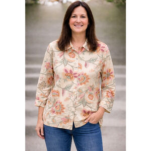 Boho Floral Button Front Blouse Cottagecore Casual Lightweight Cotton Linen L